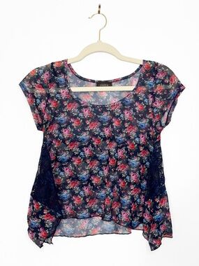 Joppa Floral Sheer Top Lace Panel Boho Romantic Blouse - Size Small